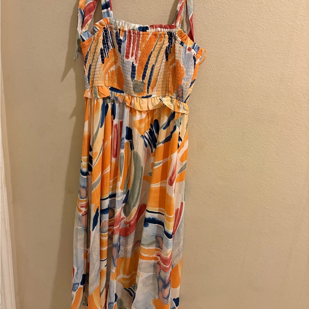 JODIFL Colorful Maxi Dress with Tie Straps Ruffle Top